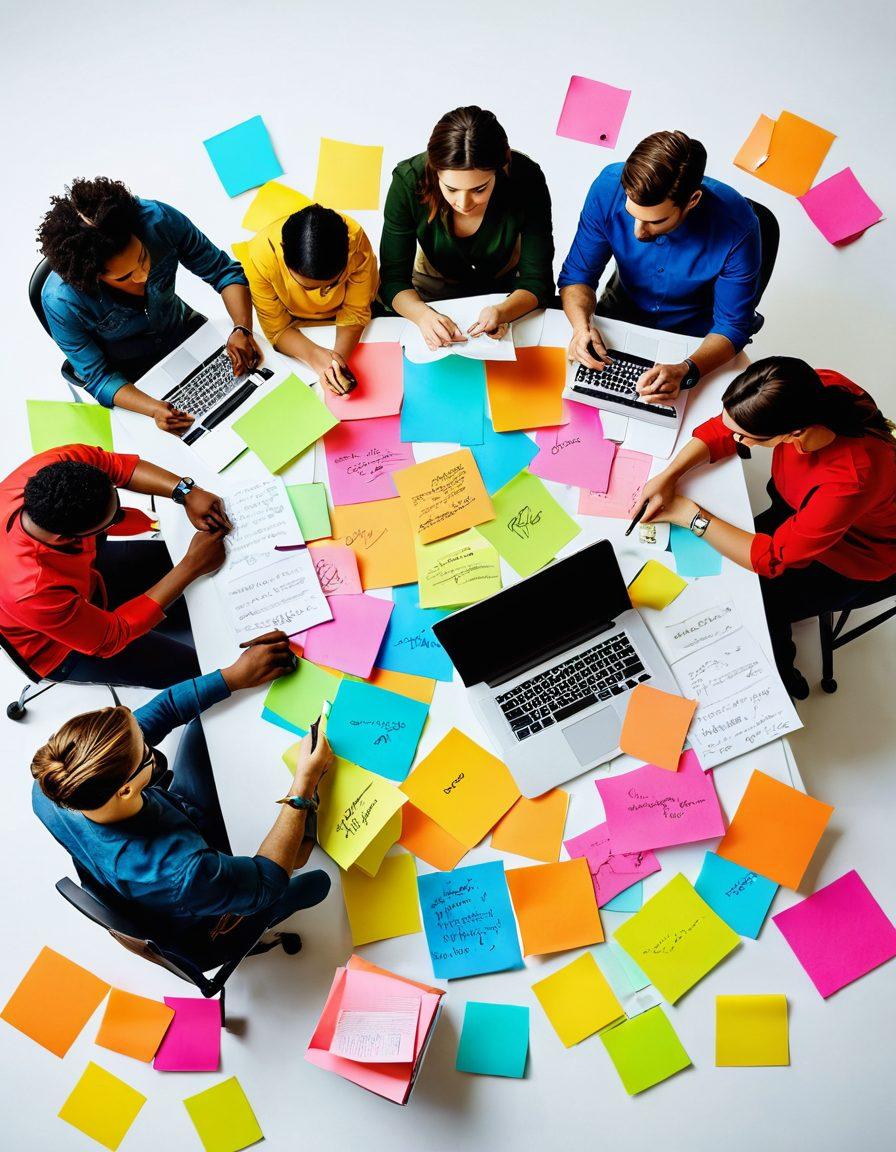 A creative workspace showcasing a diverse group of individuals collaborating on a writing project, surrounded by colorful post-it notes and digital devices. Illustrate a dynamic flow of ideas with swirling lines forming words and phrases, symbolizing user-generated content. Include vibrant colors to evoke inspiration and creativity. super-realistic. vibrant colors. white background.