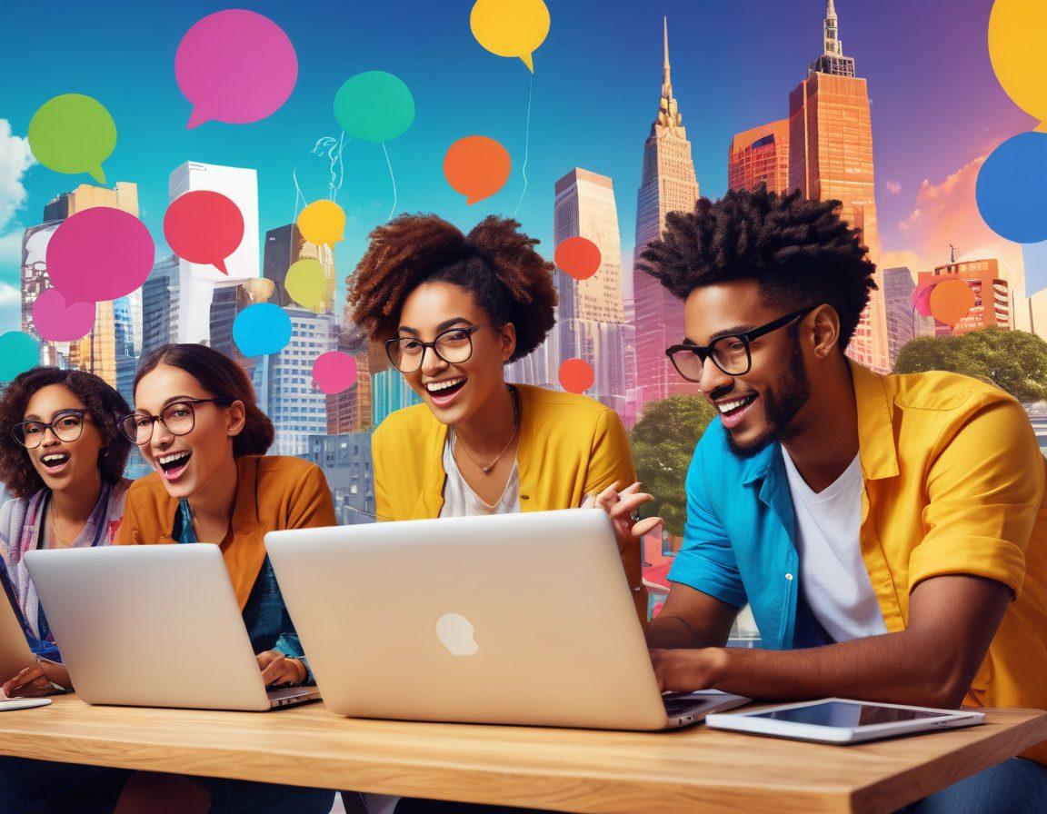 A dynamic scene depicting a diverse group of enthusiastic bloggers passionately typing on their laptops, surrounded by colorful speech bubbles filled with ideas and expressions of creativity, representing different voices and cultures. In the background, a vibrant cityscape symbolizing connectivity and technology. The atmosphere is filled with energy and collaboration, showcasing the essence of the Bajoo platform. super-realistic. vibrant colors. digital art.