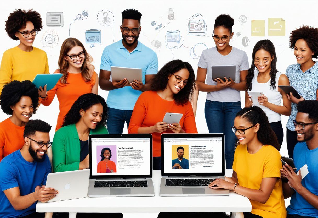 A diverse group of people joyfully collaborating around laptops and tablets, showcasing a vibrant online community, with digital screens displaying online journals and discussions. The background features various icons symbolizing connection, creativity, and knowledge. Warm, inviting colors evoke a sense of belonging and innovation. super-realistic. vibrant colors. white background.